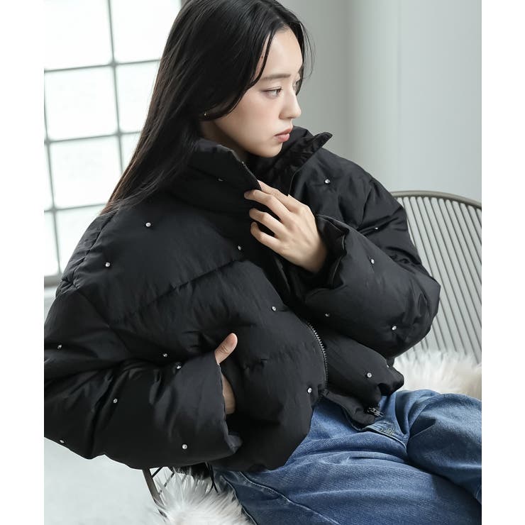 ブラック | ビジューショートダウンジャケット ビジュー付き ショートダウン | mili an deni