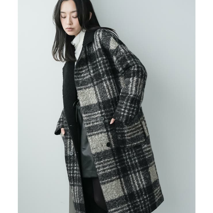 ブラック | リバーシブルチェックボアコート ボアジャケット ファージャケット | mili an deni