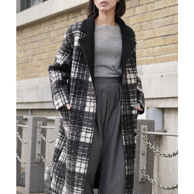 オフホワイト×ブラック | リバーシブルチェックボアコート ボアジャケット ファージャケット | mili an deni