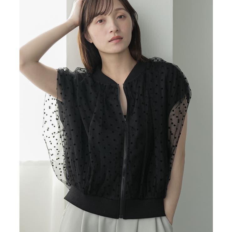 ブラック | ドットチュール フレンチスリーブ ジップブルゾン | mili an deni