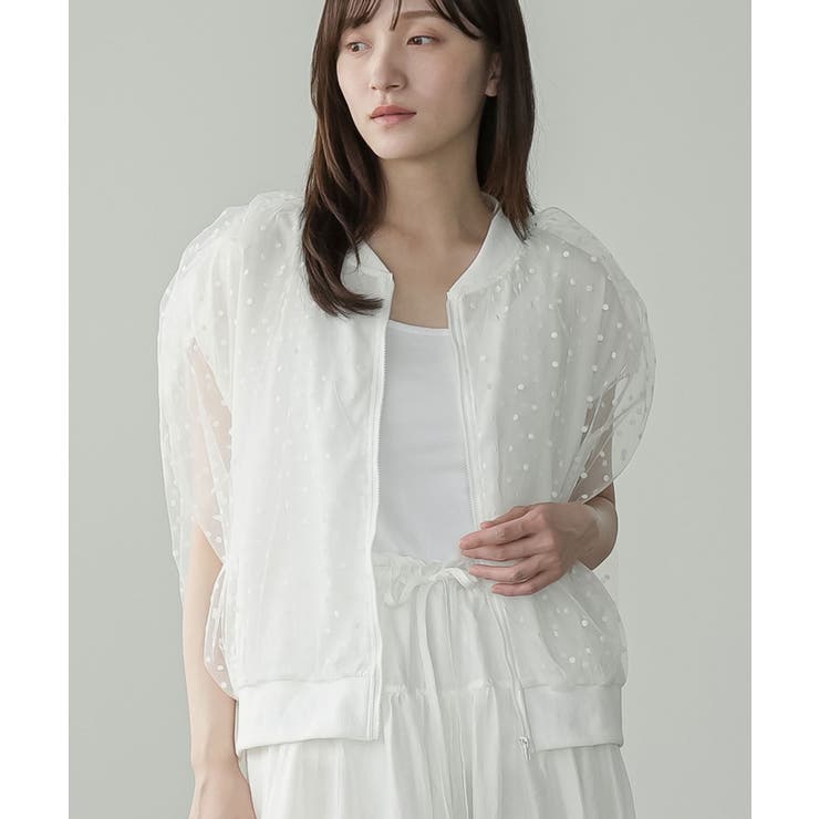 オフホワイト | ドットチュール フレンチスリーブ ジップブルゾン | mili an deni