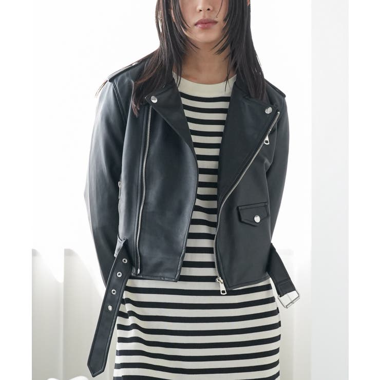 ブラック | フェイクレザーライダースジャケット ダブル 合成皮革 | mili an deni