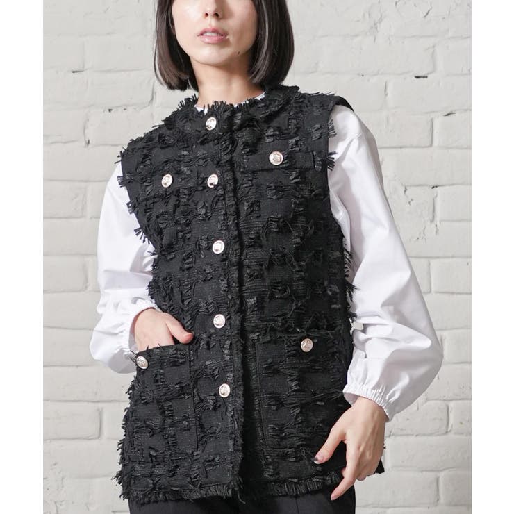ブラック | ツィードフリンジベスト クルーネック フロントボタン | mili an deni