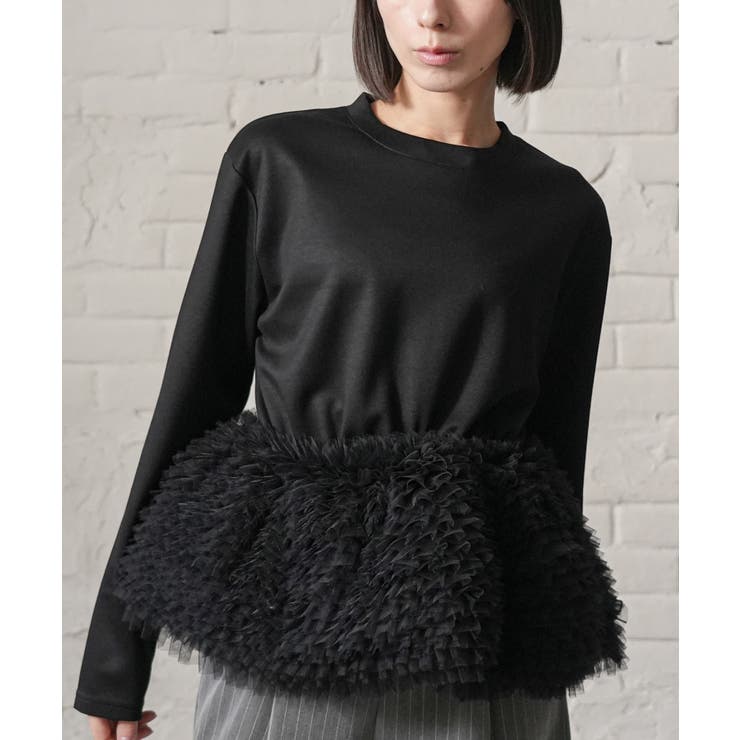ブラック | レディース フェザーチュール切替プルオーバー ペプラム | mili an deni