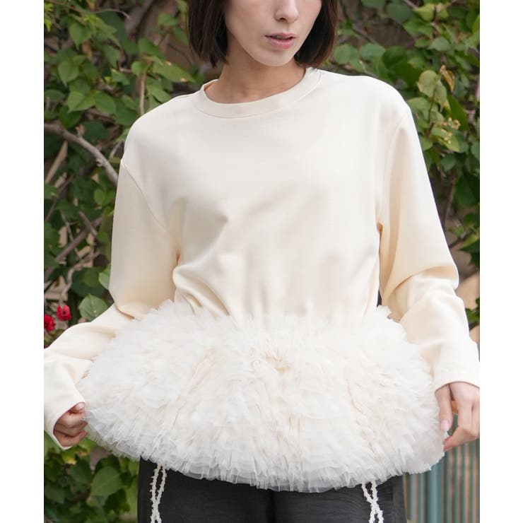 アイボリー | レディース フェザーチュール切替プルオーバー ペプラム | mili an deni