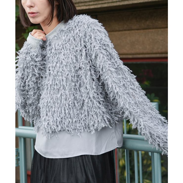 グレー | ラメシャギーレイヤードニットプルオーバー 重ね着 クルーネック | mili an deni