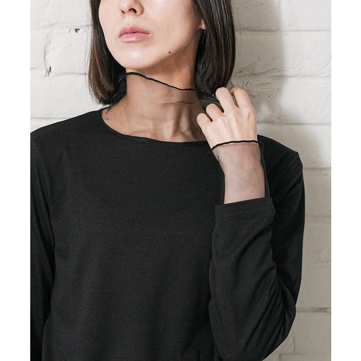ブラック | チュールハイネックトップス 異素材切替 クルーネック | mili an deni