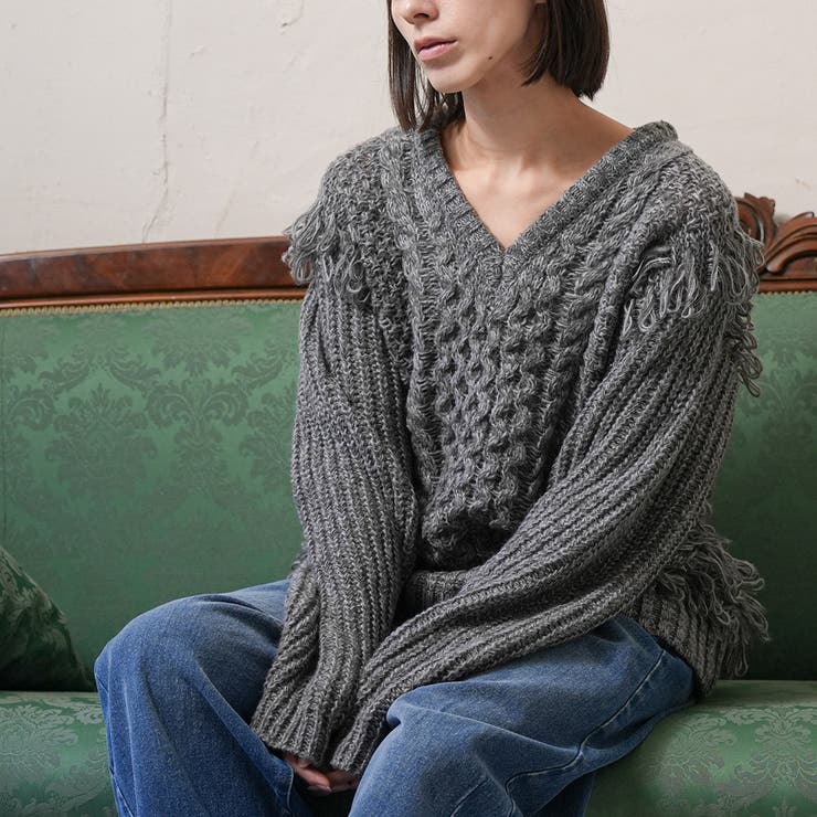 Vネックフリンジニットプルオーバー ケーブル編み Vネック | mili an deni | 詳細画像15 