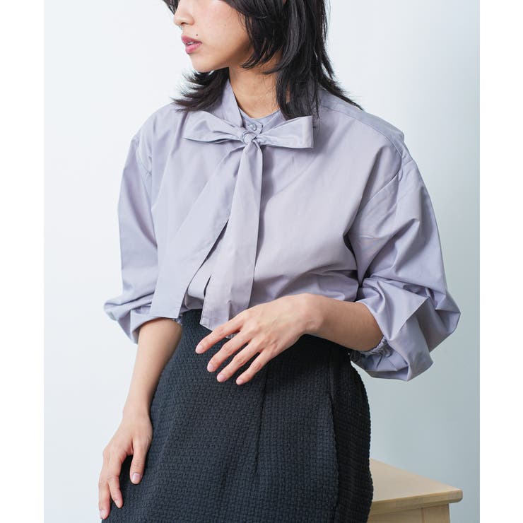 グレージュ | リボンタイブラウス バルーンスリーブ 長袖 | mili an deni