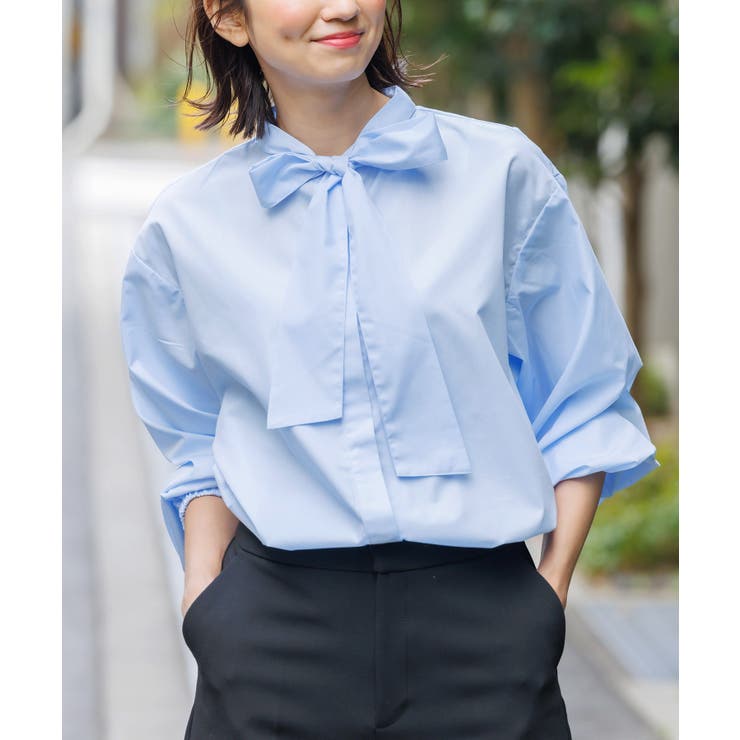 サックス | リボンタイブラウス バルーンスリーブ 長袖 | mili an deni