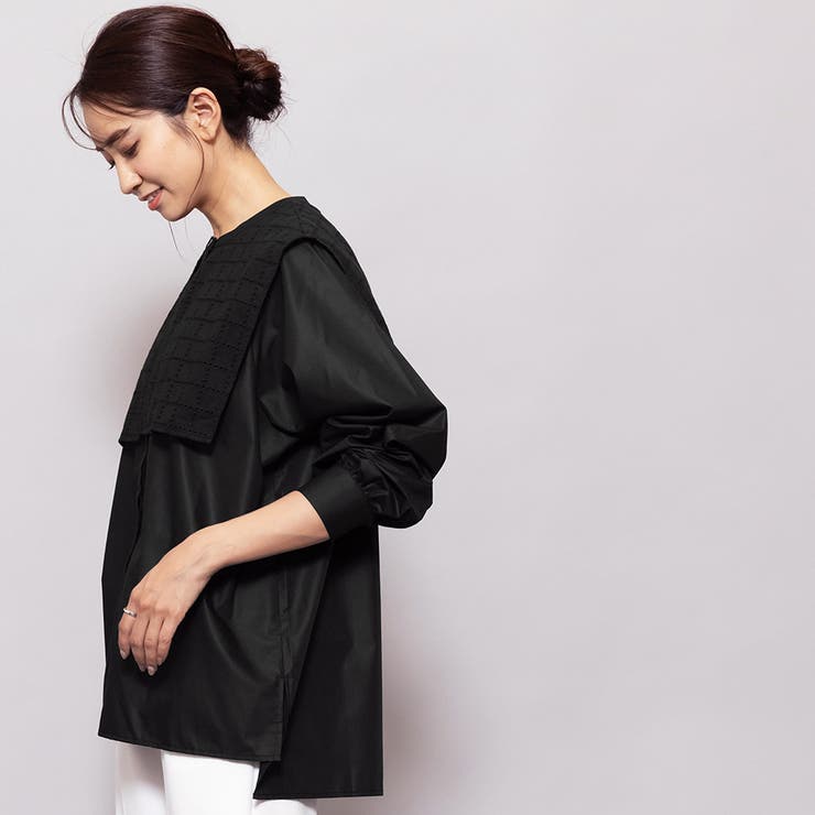 レースセーラーカラーブラウス サイドスリット 長袖[品番