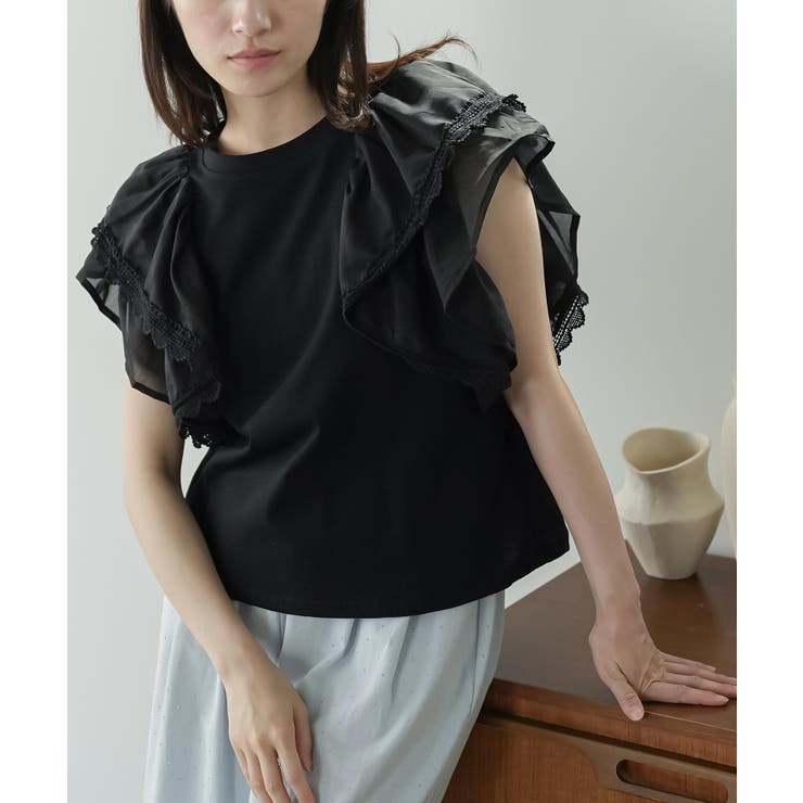 ブラック | ラッフルスリーブTシャツ レディース フリル袖 | mili an deni