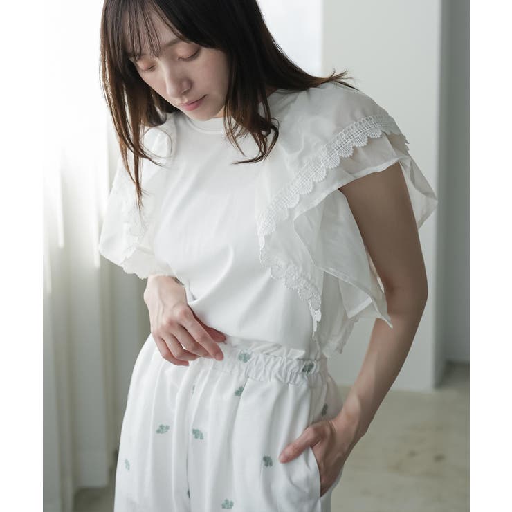 オフホワイト | ラッフルスリーブTシャツ レディース フリル袖 | mili an deni
