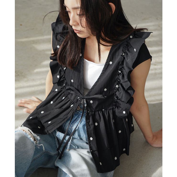 ブラック | ドット刺繍 フリルベスト レディース | mili an deni