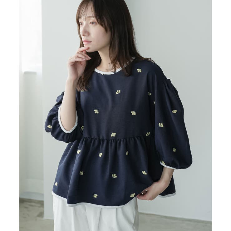 ネイビー | 花柄刺繍 パイピングブラウス レディース | mili an deni