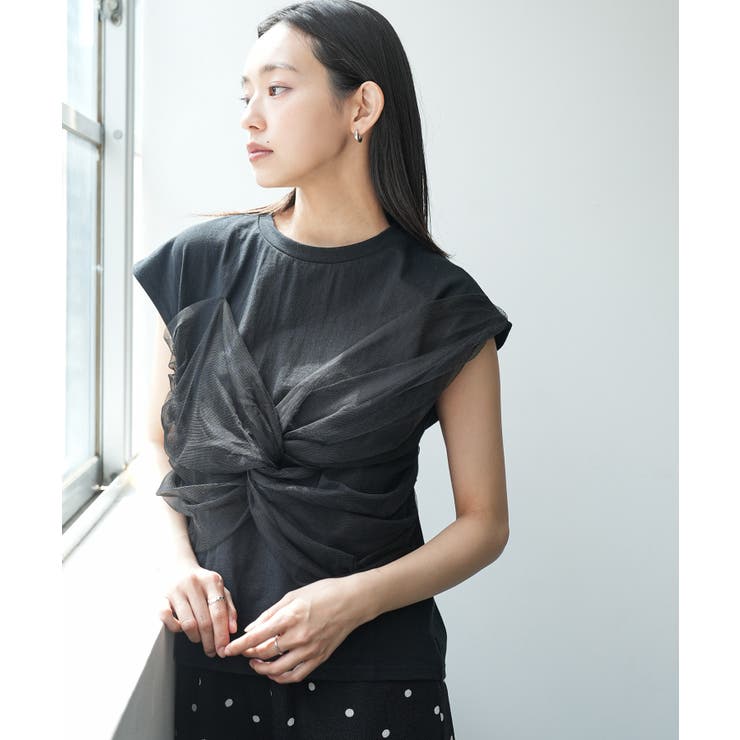 ブラック1 | チュールリボンドッキングTシャツ ツイストリボン クルーネック | mili an deni