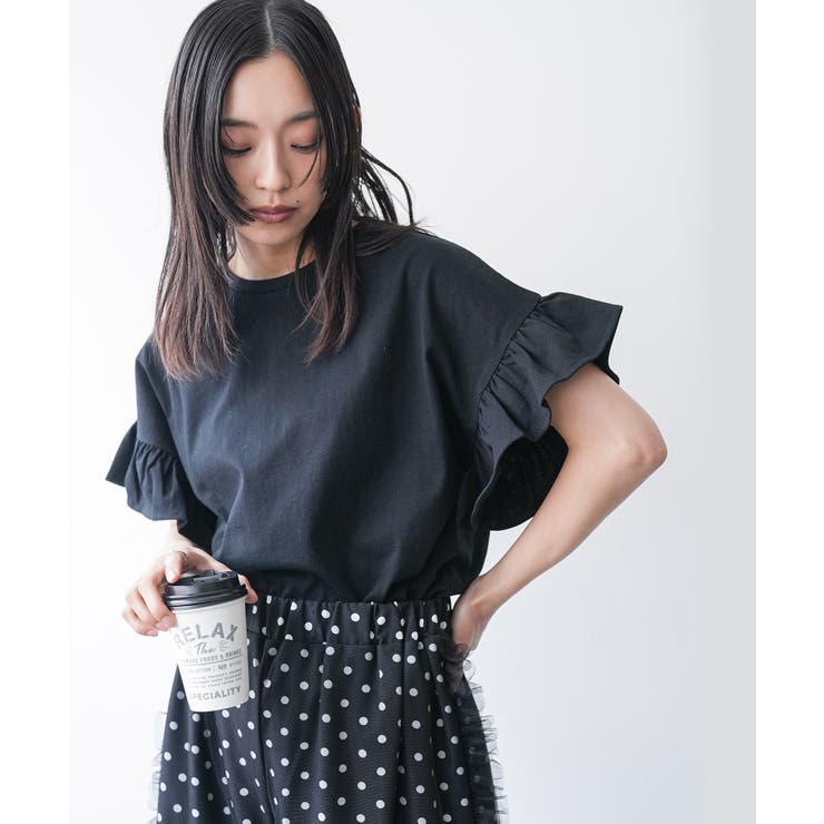 半袖ショルダーフリルTシャツ プルオーバー 袖フリル[品番