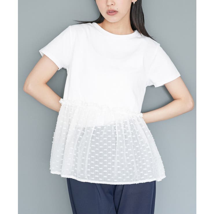 オフホワイト | 異素材ペプラムTシャツ ドットドビー クルーネック | mili an deni