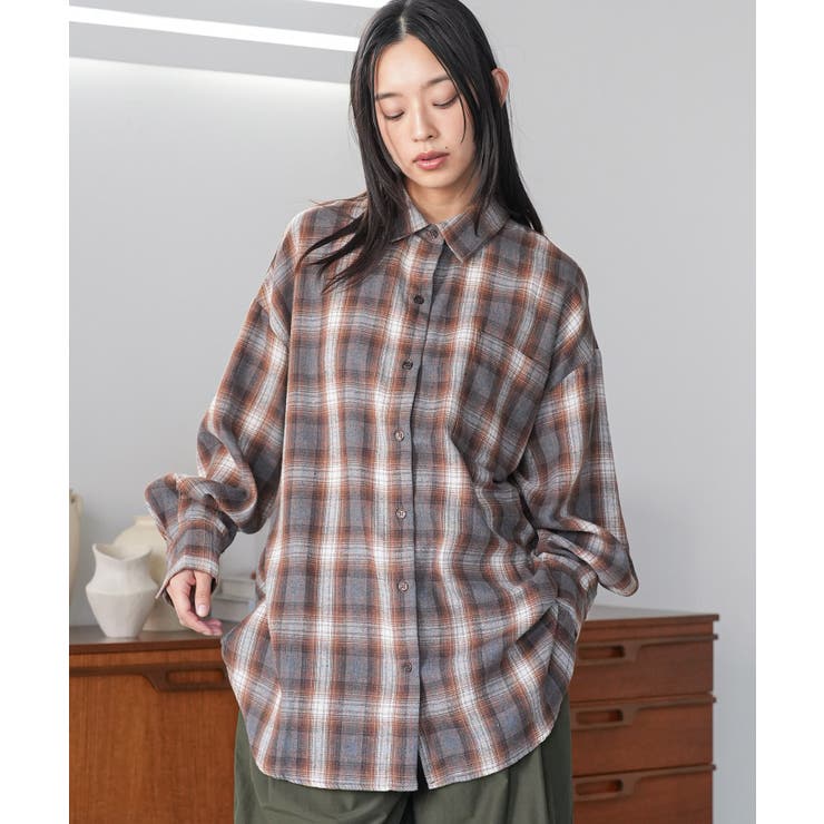 ブラウン | オーバーサイズチェックシャツ レギュラーカラー コットン裾ラウンド | mili an deni