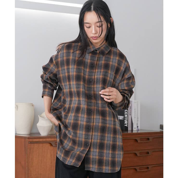 グレー | オーバーサイズチェックシャツ レギュラーカラー コットン裾ラウンド | mili an deni