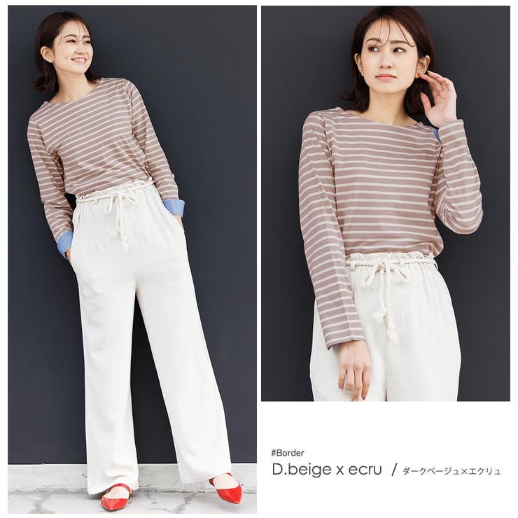 ダークベージュxエクリュ― | ボーダー Tシャツ 袖ポイント | mili an deni