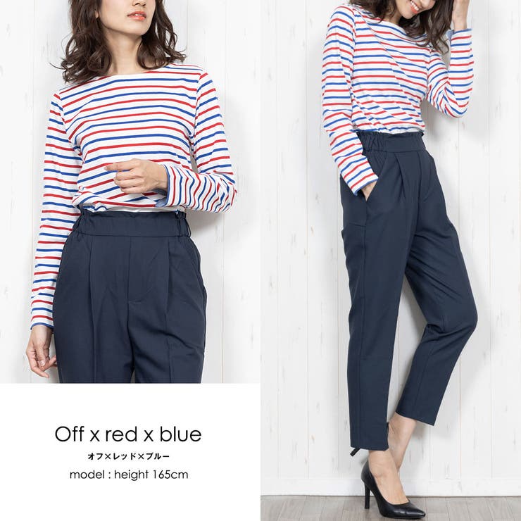 オフｘレッドxブルー | ボーダー Tシャツ 袖ポイント | mili an deni
