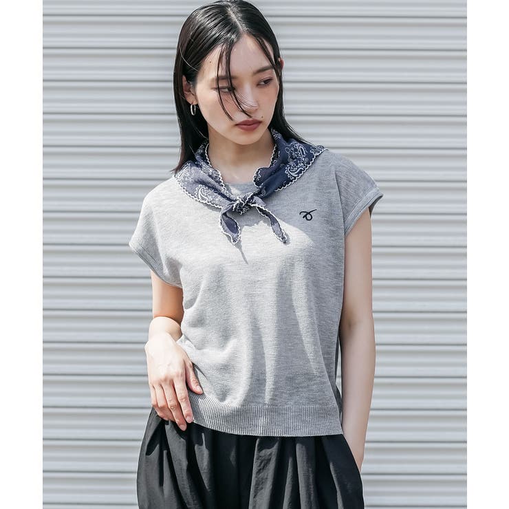 グレー | バンダナスカーフ付き半袖ニットトップス クルーネック シアートップス | mili an deni