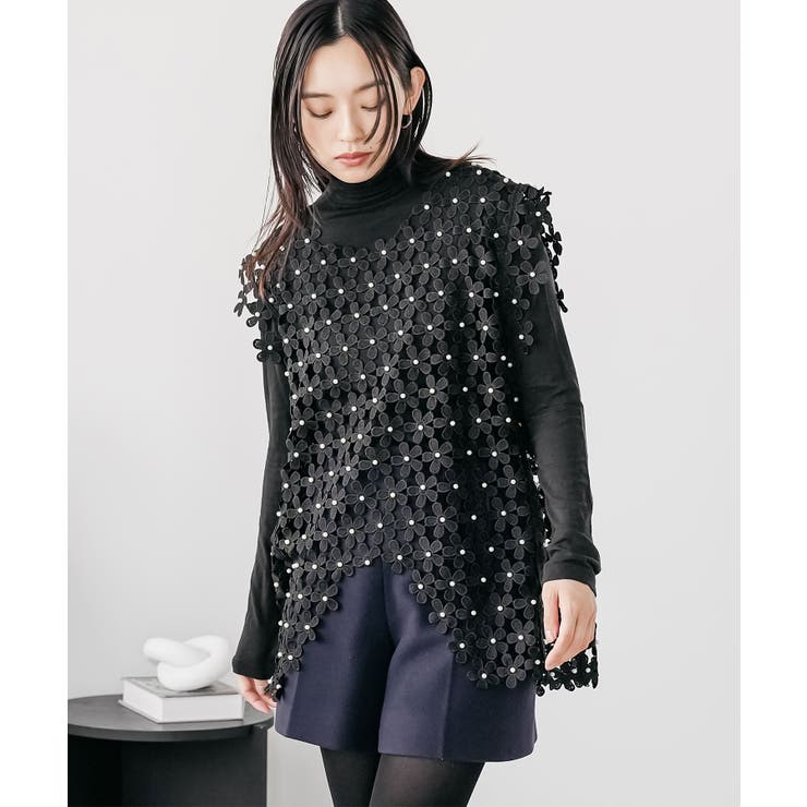 ブラック | パール付き花柄レースベスト クルーネック コットンレース | mili an deni