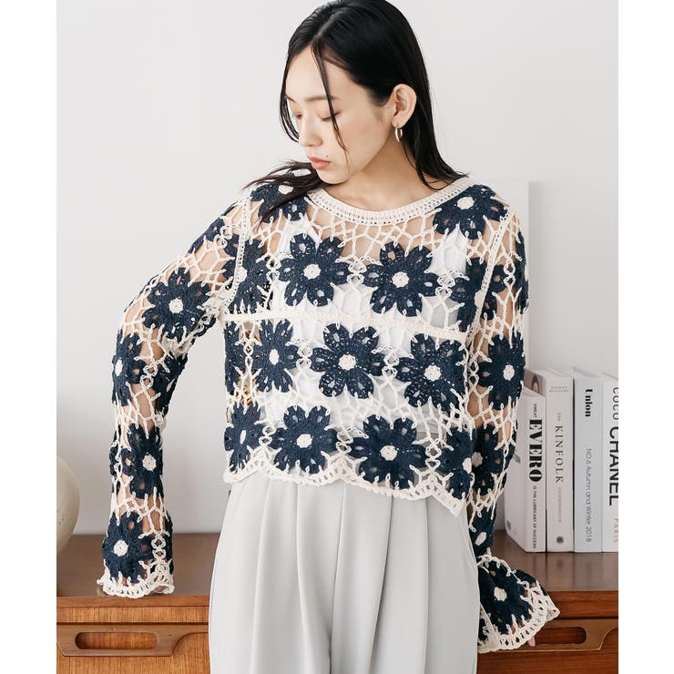 ネイビー | クロシェ花柄プルオーバートップス かぎ針 クルーネック | mili an deni