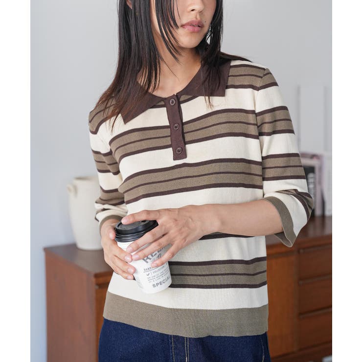 カーキ | 6分袖ラガーニットプルオーバー トップス 配色襟 | mili an deni