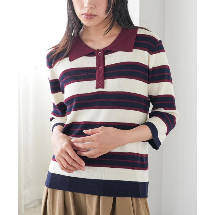 ネイビー | 6分袖ラガーニットプルオーバー トップス 配色襟 | mili an deni