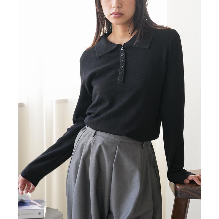 ブラック | ポロニットプルオーバー トップス ポロ襟 | mili an deni