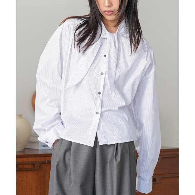 オフホワイト | タイ付きストライプギャザーブラウス コットン ボウタイ付き | mili an deni