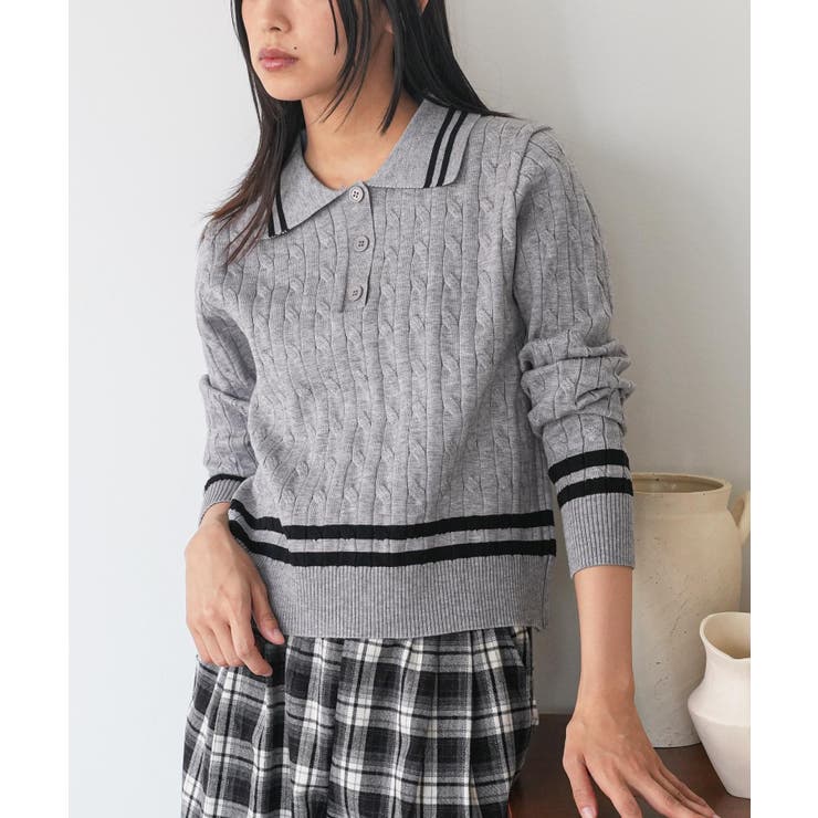 グレー | ポロケーブルニットプルオーバー トップス ポロ襟 | mili an deni