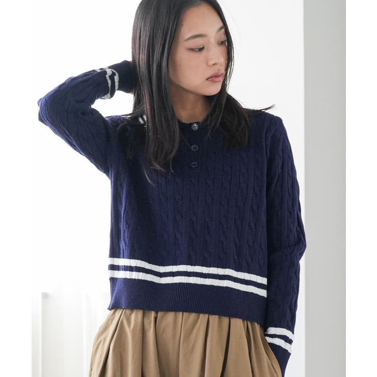 ネイビー | ポロケーブルニットプルオーバー トップス ポロ襟 | mili an deni