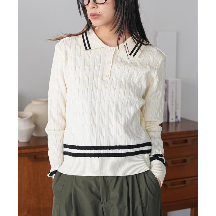 オフホワイト | ポロケーブルニットプルオーバー トップス ポロ襟 | mili an deni