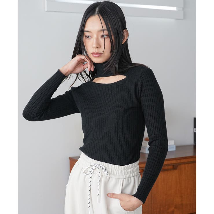 ブラック | ボトルネックリブニットプルオーバー トップス ニット素材 | mili an deni