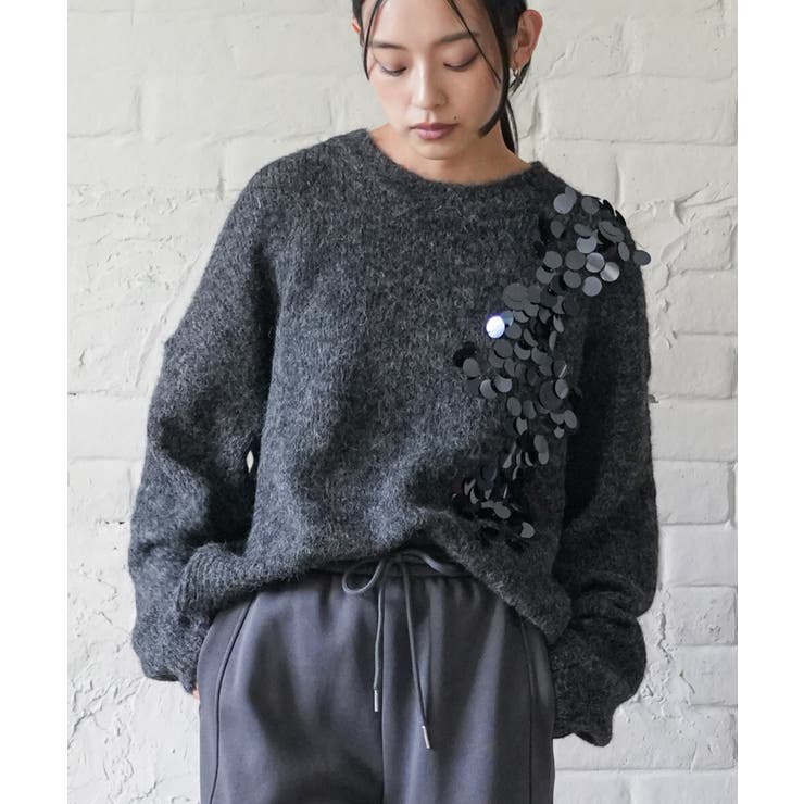 ブラック | スパンコールニットプルオーバー トップス 厚手 | mili an deni