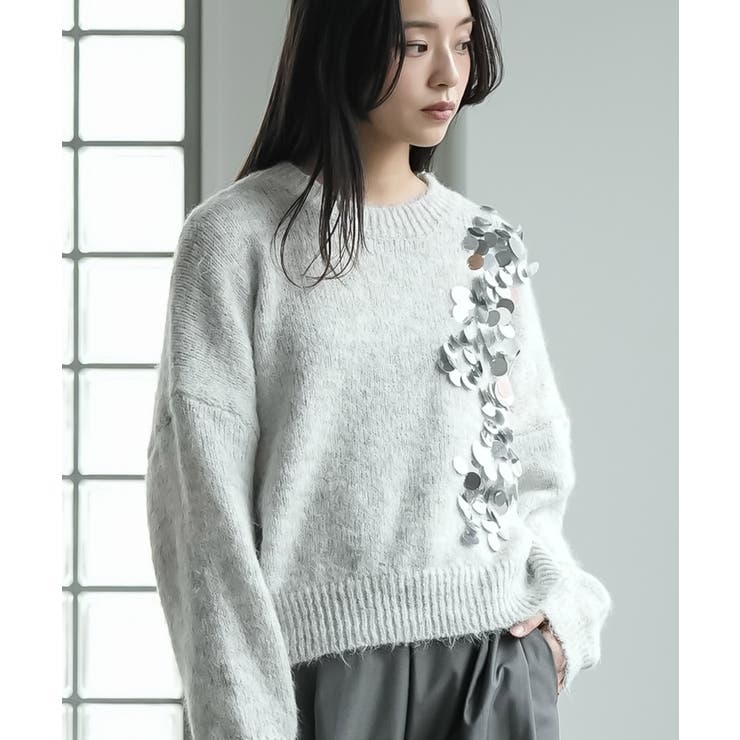 ライトグレー | スパンコールニットプルオーバー トップス 厚手 | mili an deni