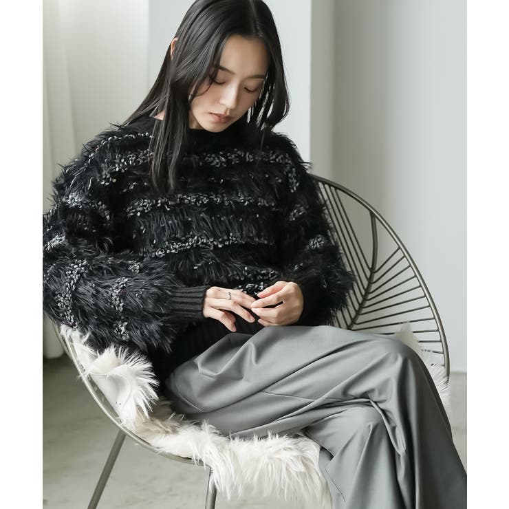 ブラック | ミックスヤーンシャギーニットプルオーバー トップス ニット素材 | mili an deni