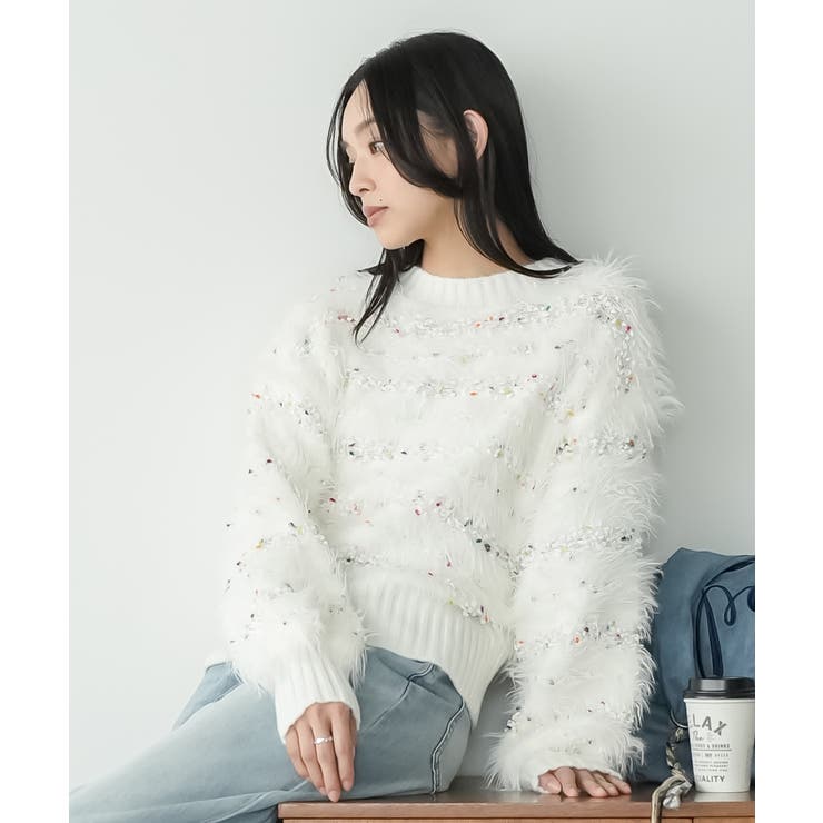 オフホワイト | ミックスヤーンシャギーニットプルオーバー トップス ニット素材 | mili an deni