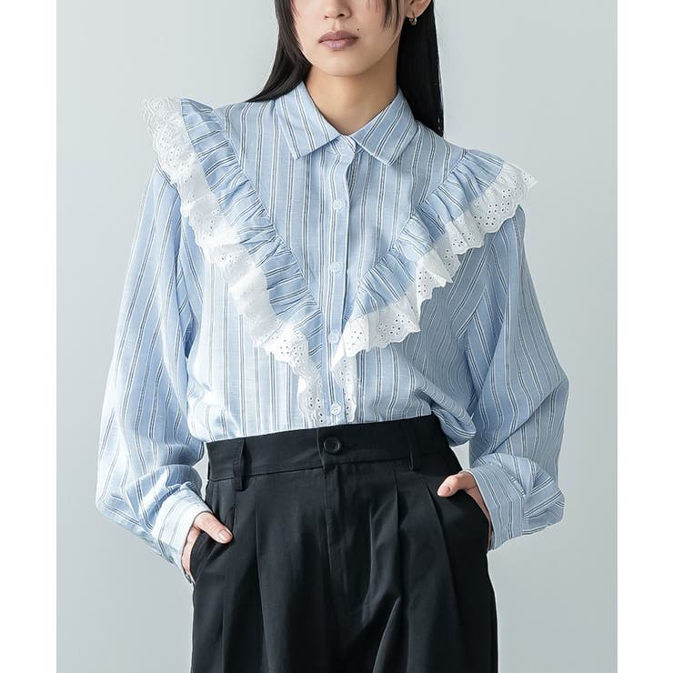 サックス | チェストフリルストライプブラウス ブラウス レディース | mili an deni
