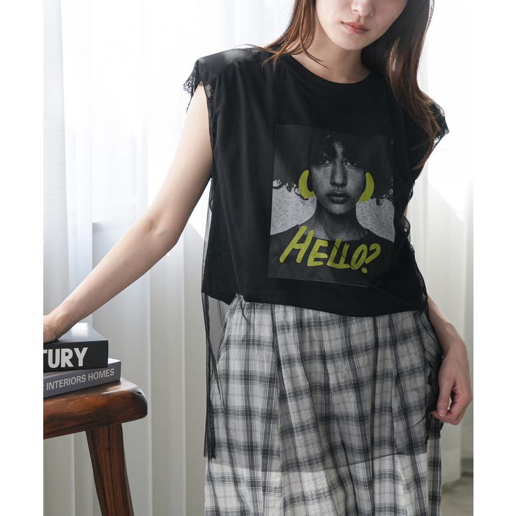 ブラック | チュールレイヤードプリントTシャツ レディース シアートップス | mili an deni