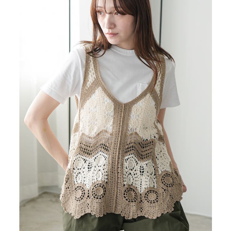 ベージュ | Vネック 配色 クロシェベスト | mili an deni