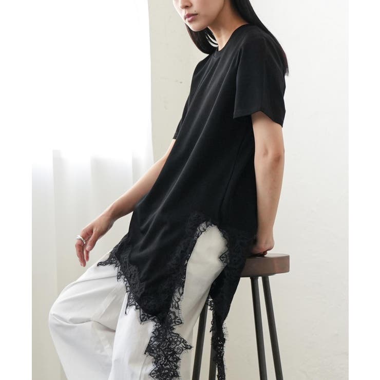 ブラック | 裾レース スリット Tシャツ | mili an deni