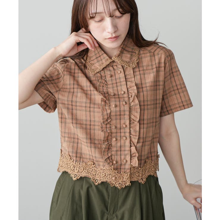 ブラウンチェック | フロントフリル レースブラウス レディース | mili an deni