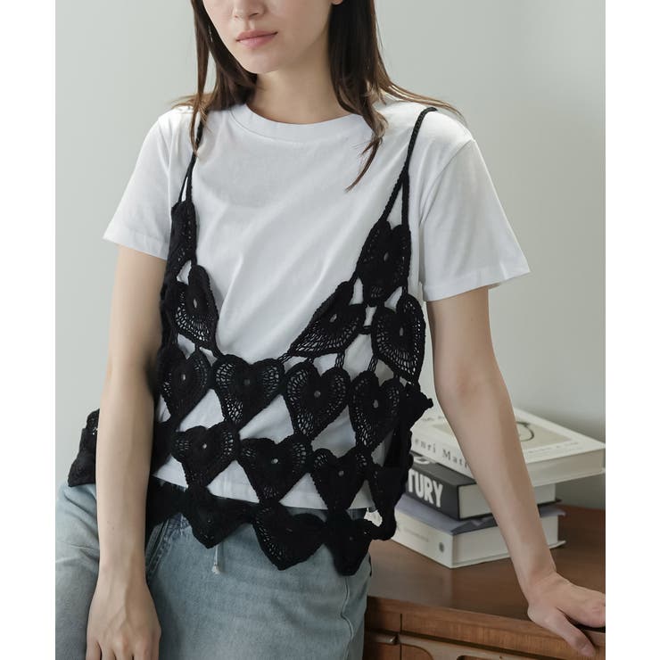 オフホワイト | ハートクロシェキャミTシャツセット レディース かぎ針編み | mili an deni