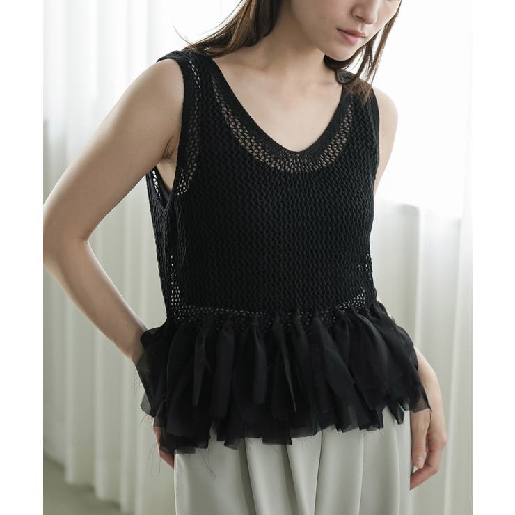 ブラック | 裾フリンジメッシュトップス レディース ノースリーブ | mili an deni