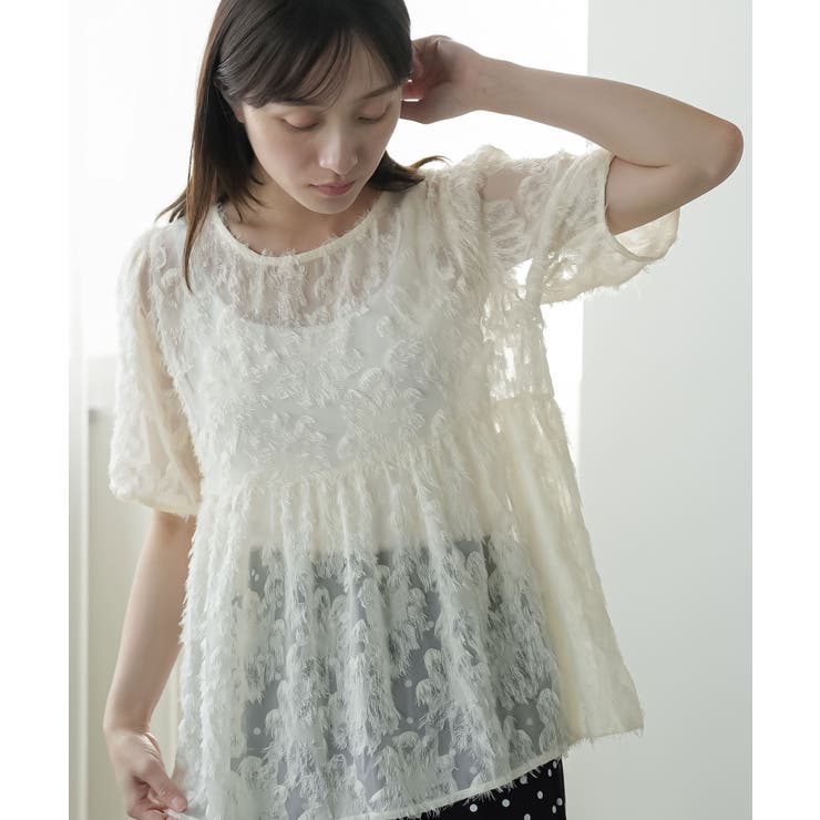 アイボリー | 花柄シアーフリンジプルオーバー レディース 半袖 | mili an deni