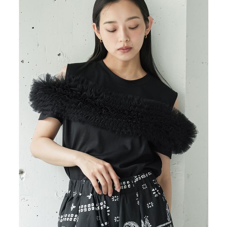ブラック | チェストチュールTシャツ レディース 半袖 | mili an deni